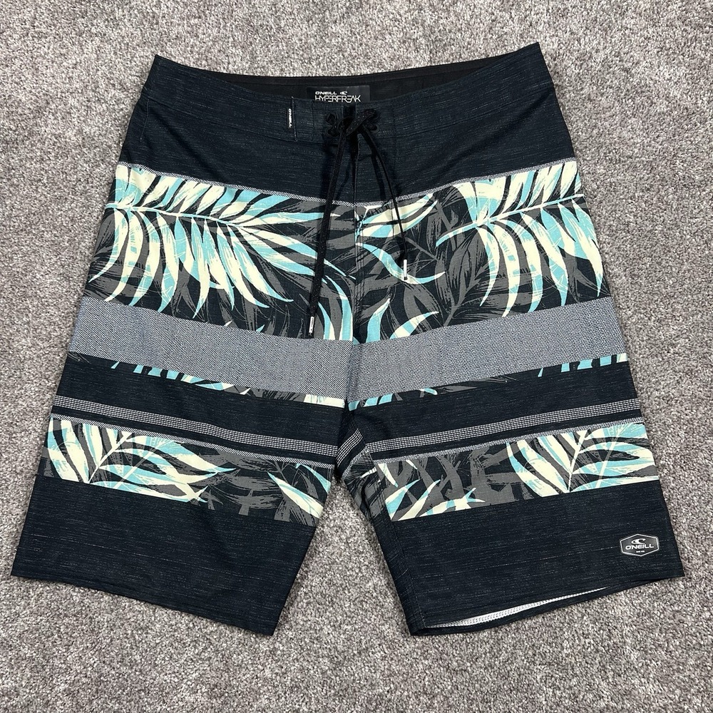 O'Neill Board Shorts Mens 32 Black Hyperfreak Tropical Floral Striped Swim Surf